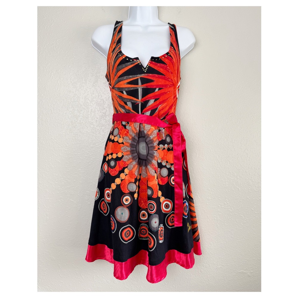 Desigual Geometric Studded A-Line Dress Orange Red Black Sleeveless tie M - Picture 2 of 9